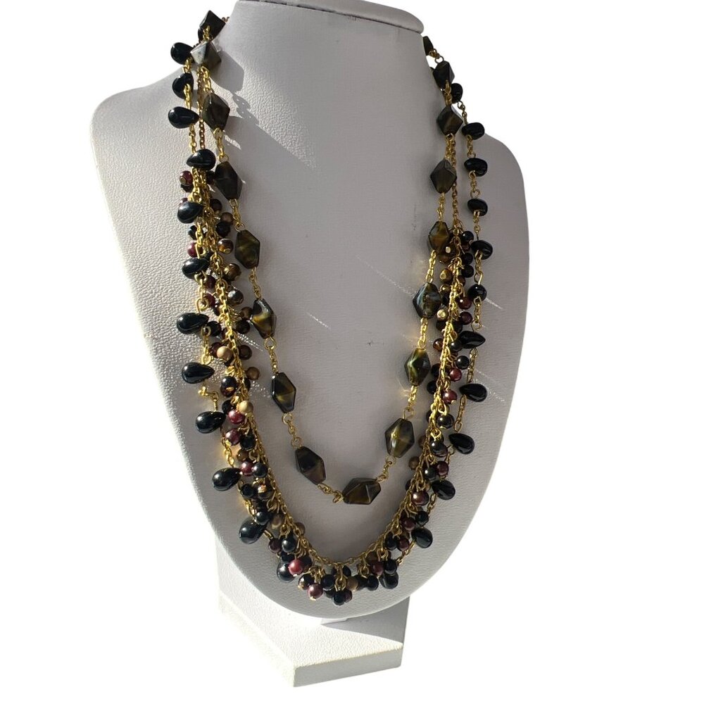 Vintage Gold Tone Multi Strand Necklace Black Copper Glass Beads Adj 17" Estate